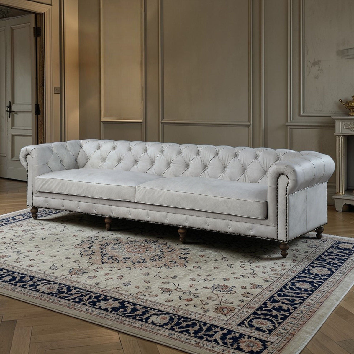 Ofer Sofa antique white stationary sofa with tufted upholstery and rolled arms on Tampa Home & Garden Store