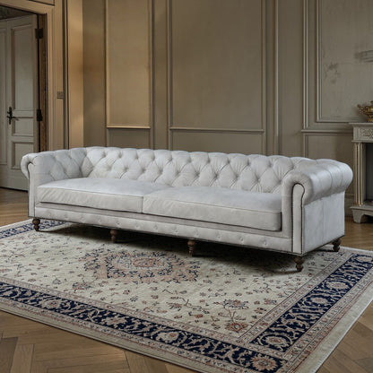 Ofer Sofa antique white stationary sofa with tufted upholstery and rolled arms on Tampa Home & Garden Store