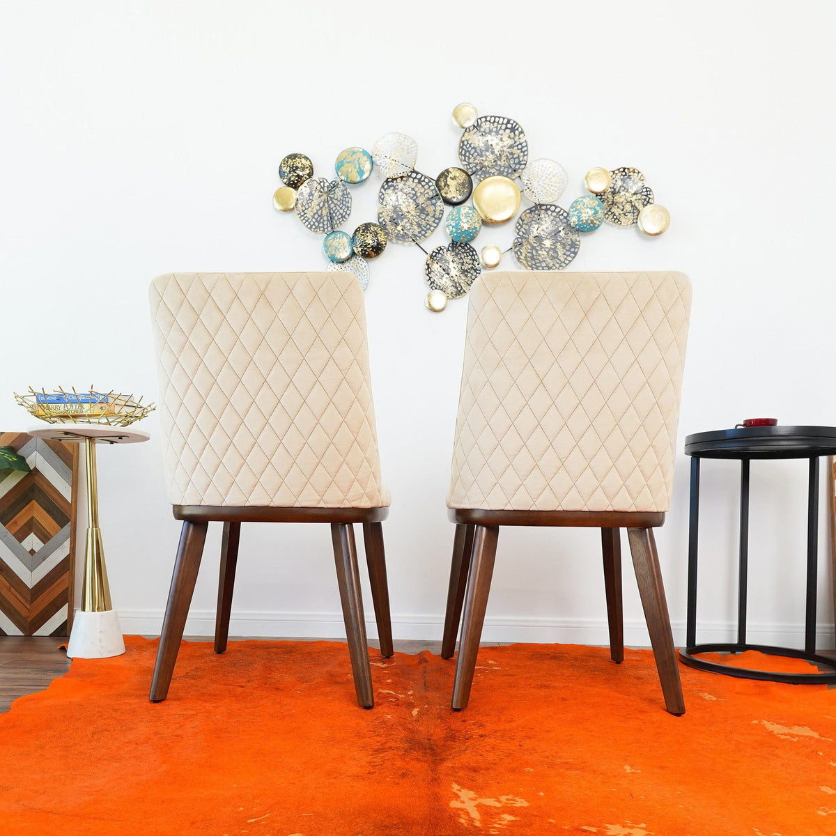Beige quilted mid-century dining chairs, solid wood legs, set of 2, HouseOfZazla on Tampa Home & Garden Store