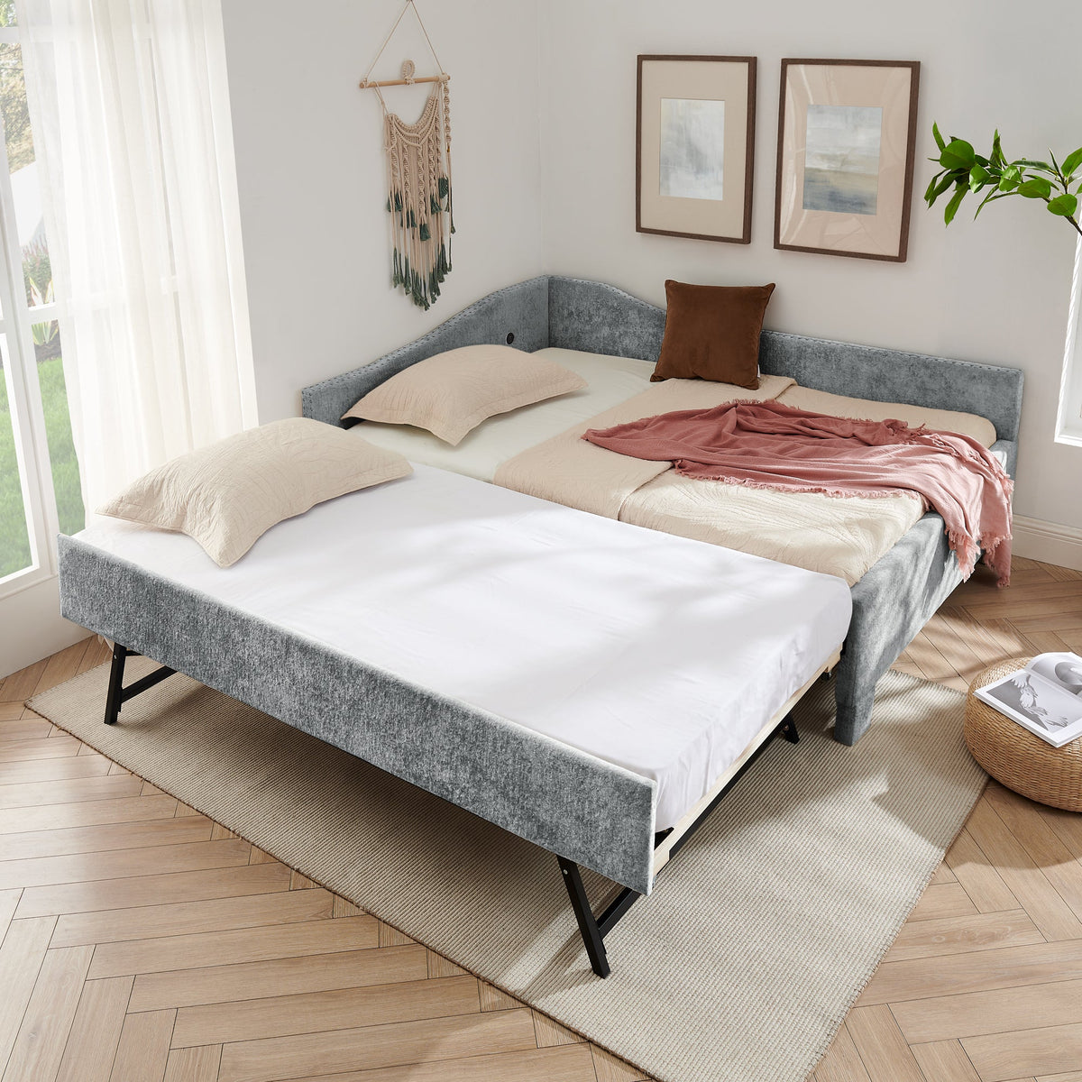 Full Size Curved Round-Edge Padded Backrest Daybed in gray upholstery HouseOfZazla on Tampa Home & Garden Store