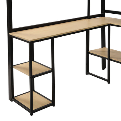 Full Size Loft Bed with Staircase, built-in desk and shelves in black metal frame with wood surfaces on Tampa Home & Garden Store