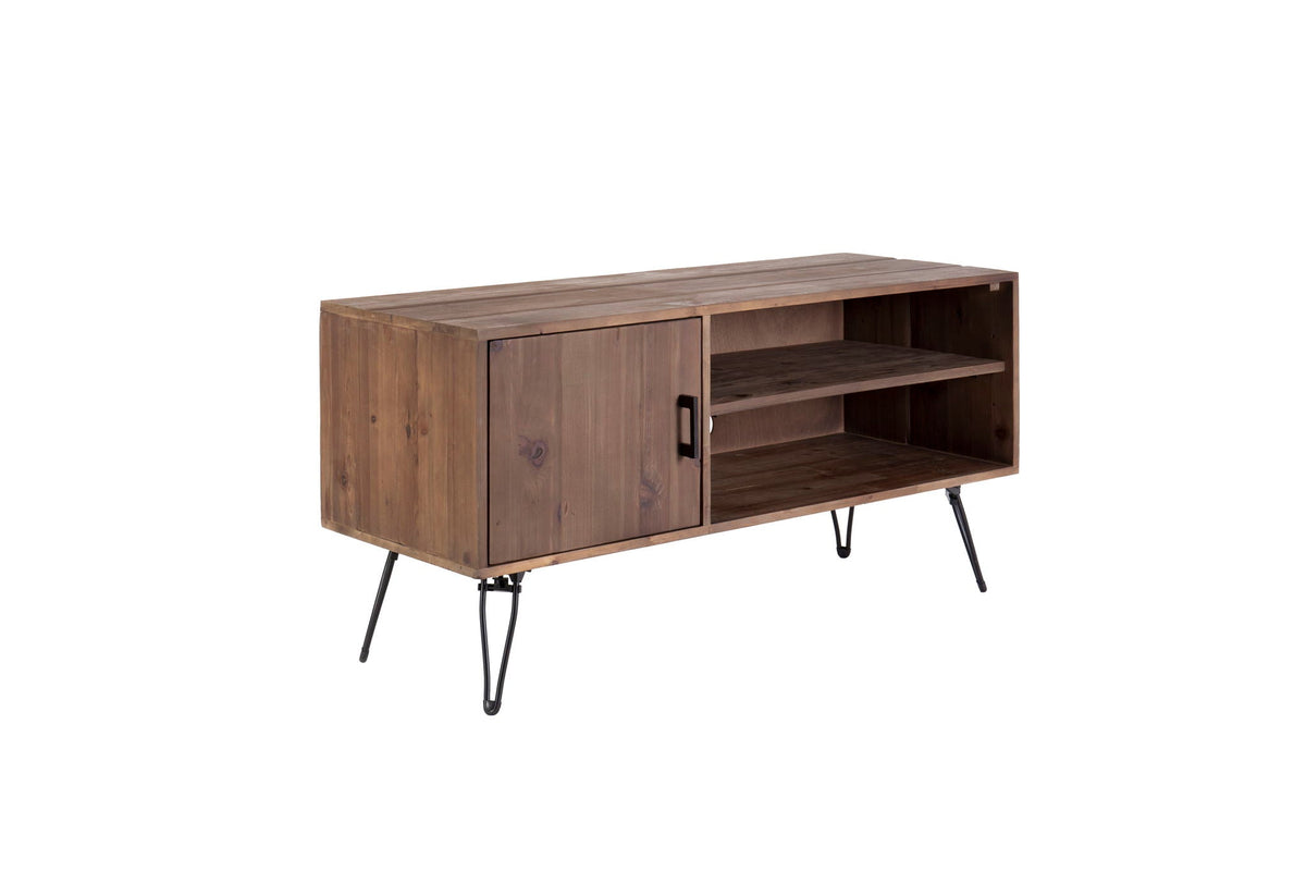 Reclaimed wood TV stand natural finish with left cabinet and right shelves on hairpin legs on Tampa Home & Garden Store
