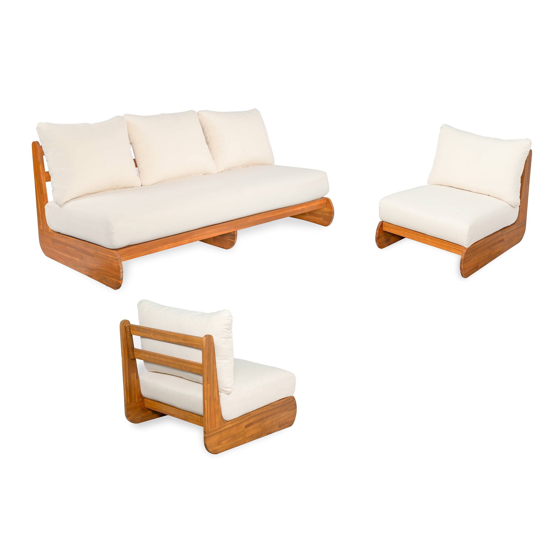 Outdoor Acacia Lazy 5 Seater Chat Set HouseOfZazla cream cushions wood frame on Tampa Home & Garden Store