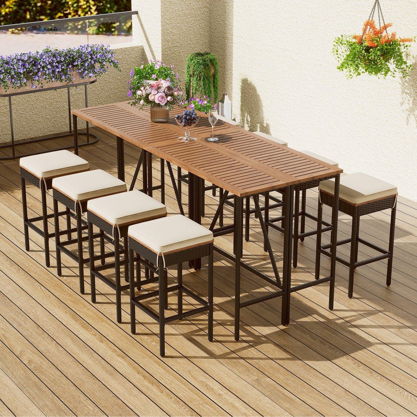 Outdoor acacia wood bar-height table with eight stools and beige cushions by HouseOfZazla on Tampa Home & Garden Store