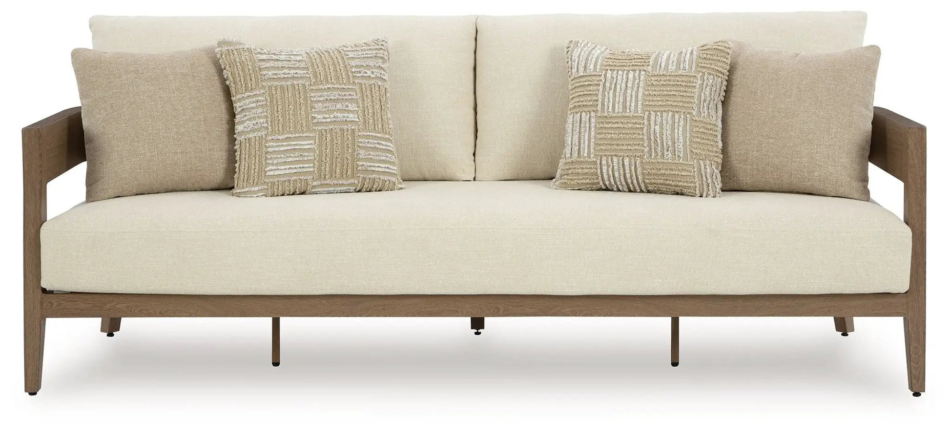 Serene Bay sofa with beige upholstery, dark brown wooden frame, and two patchwork cushions on Tampa Home & Garden Store