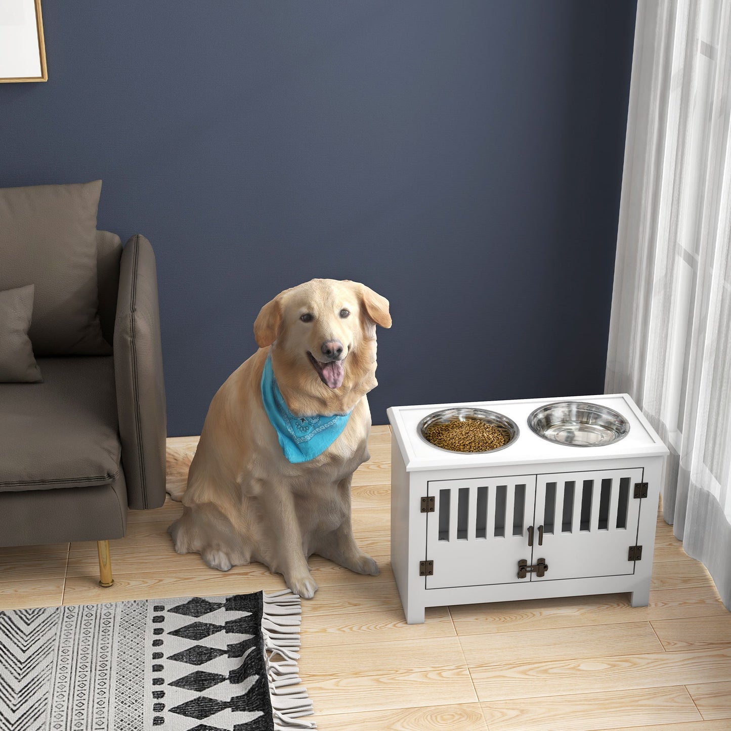 PawHut Large Elevated Dog Bowls with Storage Cabinet white pet feeder with two stainless bowls on Tampa Home & Garden Store