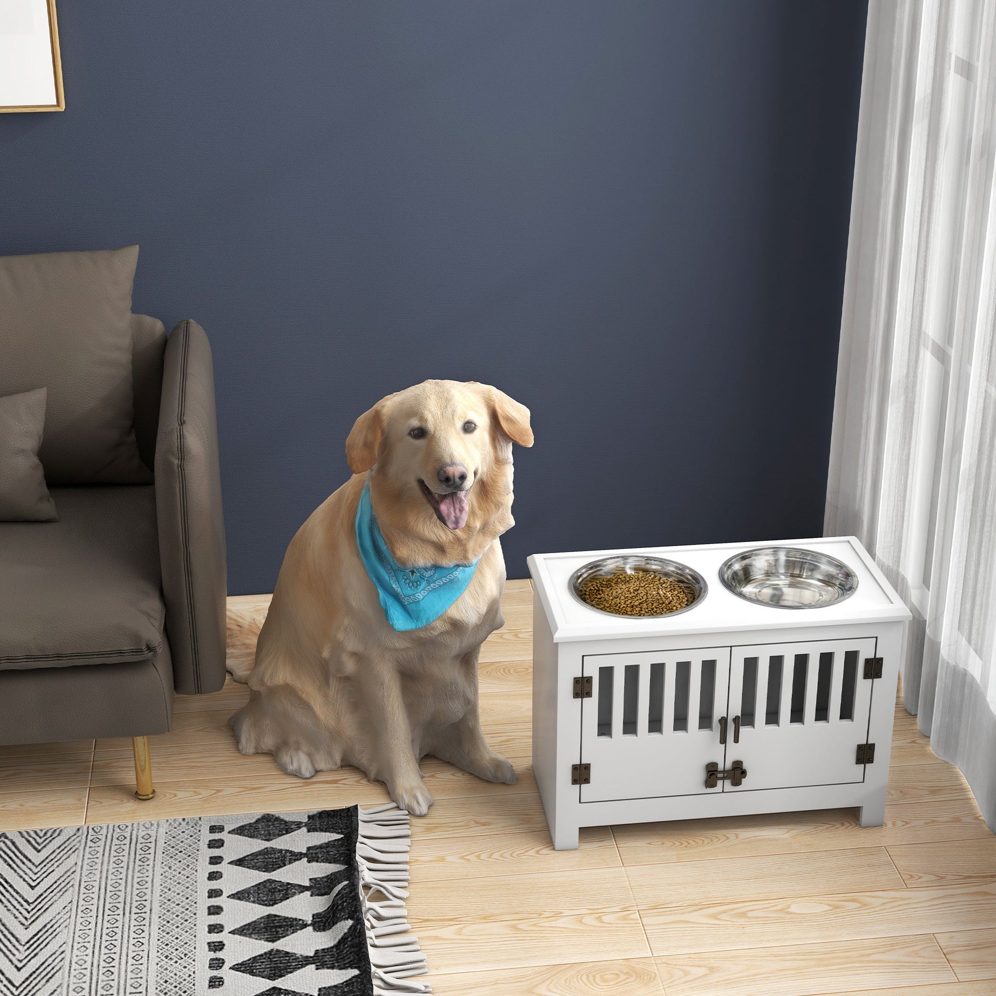 PawHut Large Elevated Dog Bowls with Storage Cabinet white pet feeder with two stainless bowls on Tampa Home & Garden Store