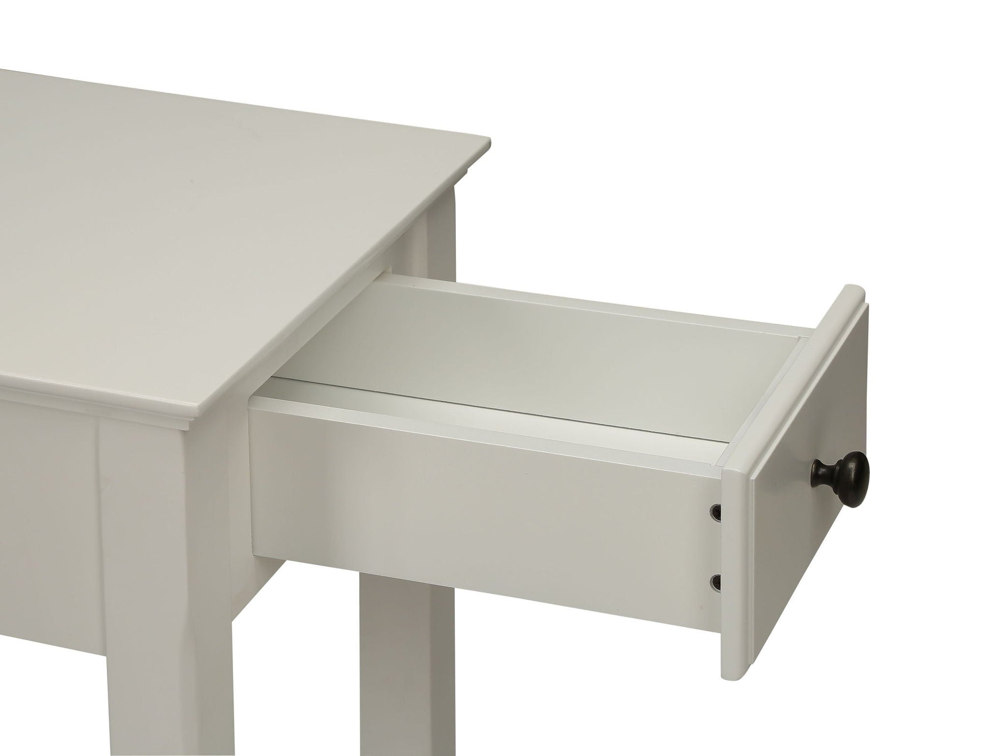 Bertie white accent table by HouseOfZazla with open drawer, painted wood, dark knob on Tampa Home & Garden Store