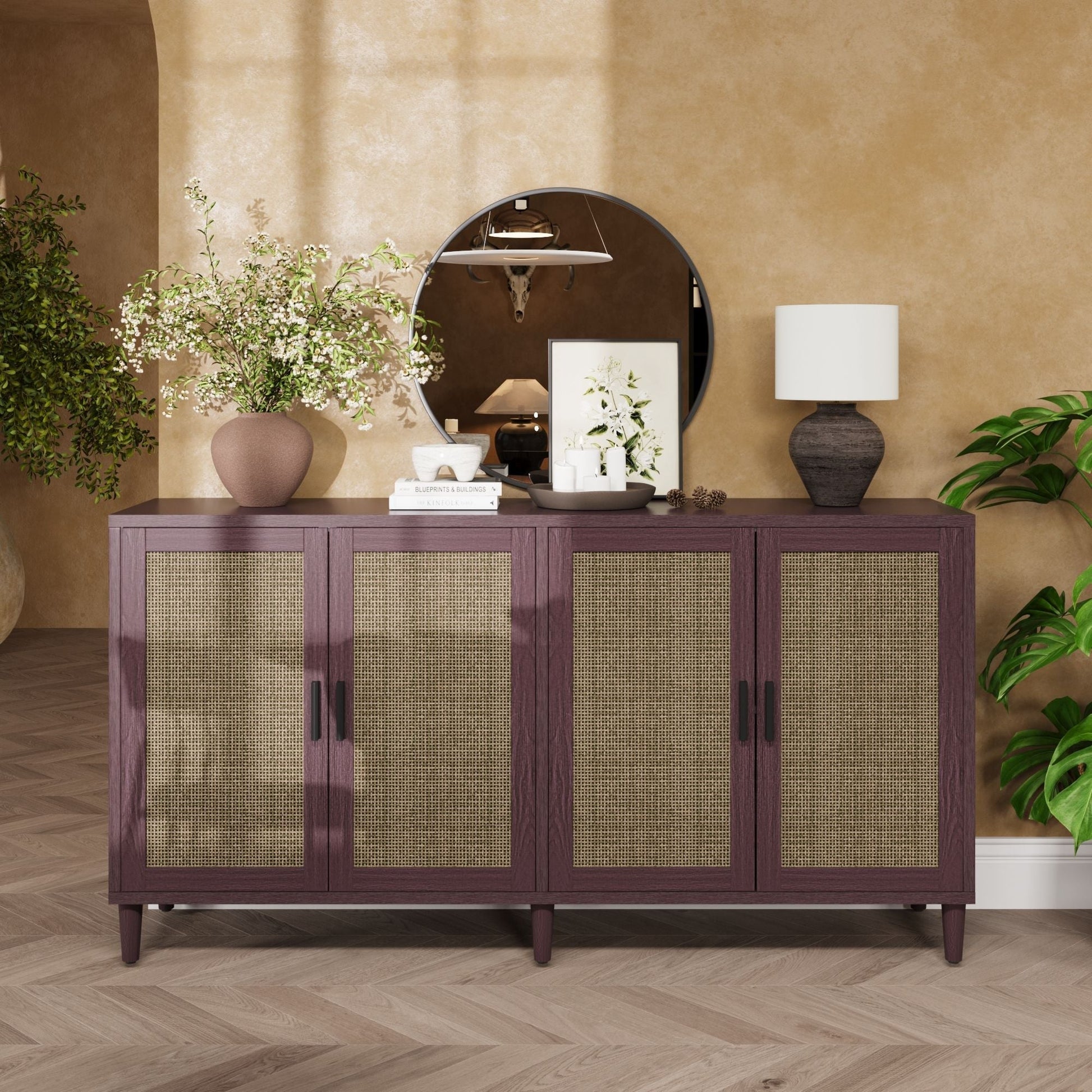 Buffet cabinet with adjustable shelves in purple wood and woven cane panels on Tampa Home & Garden Store
