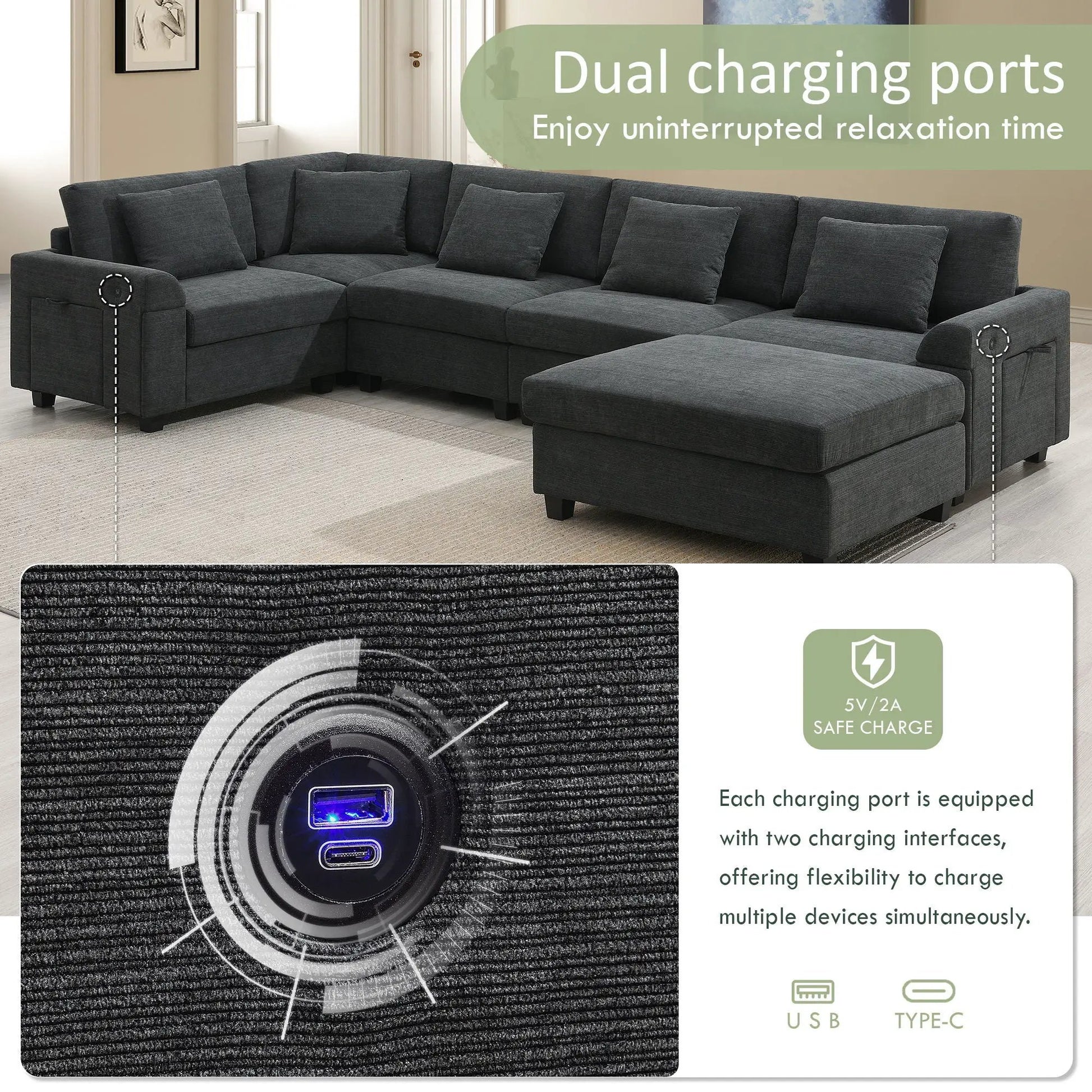 U-shaped sofa with oversized ottoman, USB ports and cup holders in gray fabric Unique Piece on Tampa Home & Garden Store
