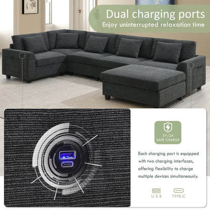 U-shaped sofa with oversized ottoman, USB ports and cup holders in gray fabric Unique Piece on Tampa Home & Garden Store