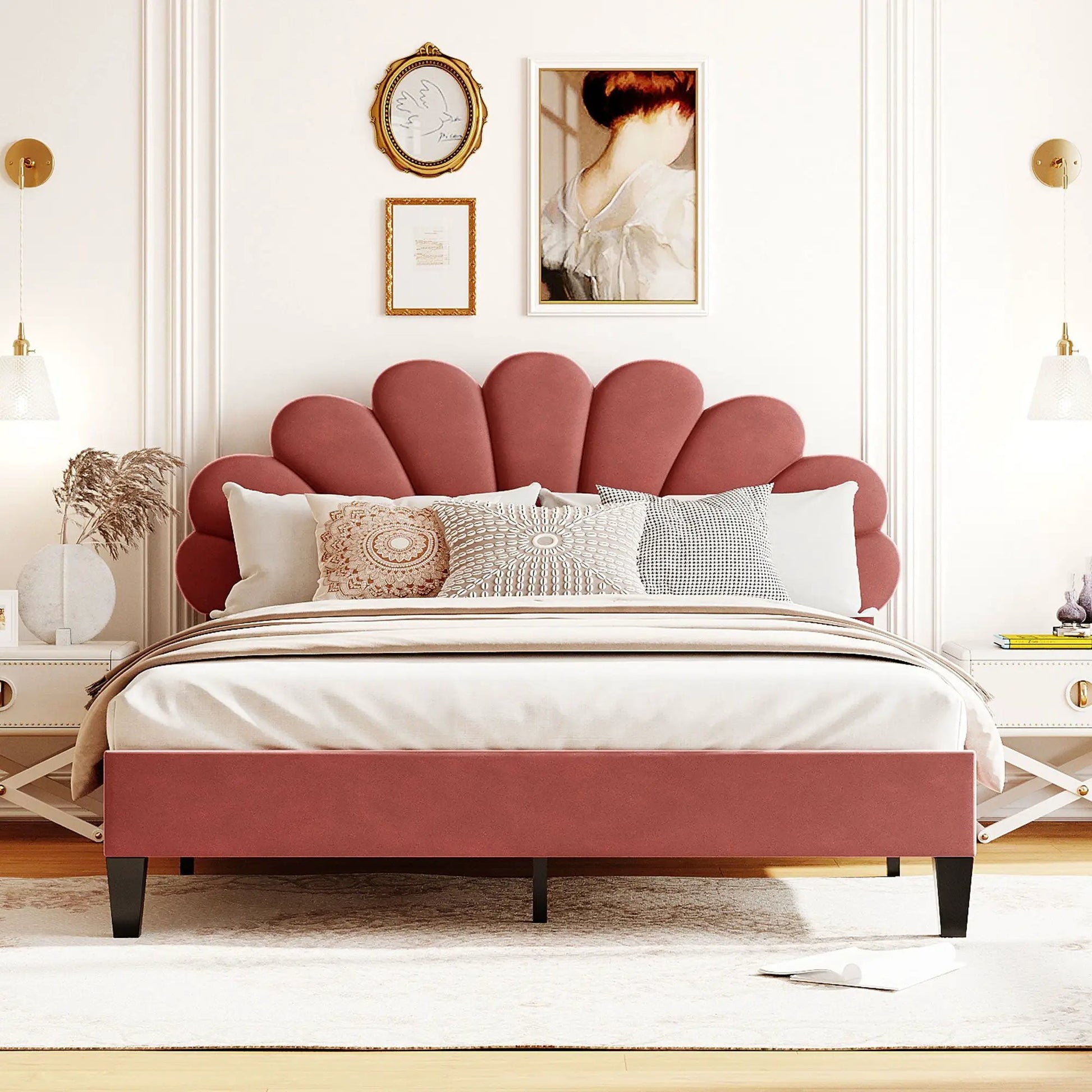 Upholstered platform bed with pink flower-pattern headboard by Unique Piece Furniture on Tampa Home & Garden Store