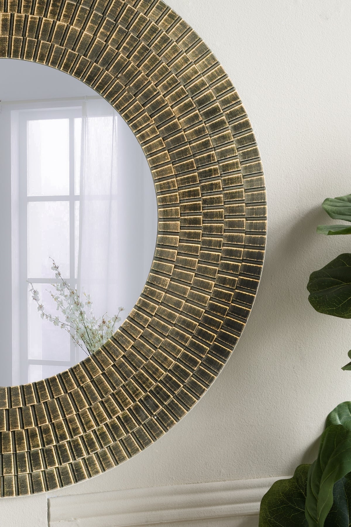 29.5in round gold and black wooden accent mirror with woven tile texture HouseOfZazla on Tampa Home & Garden Store