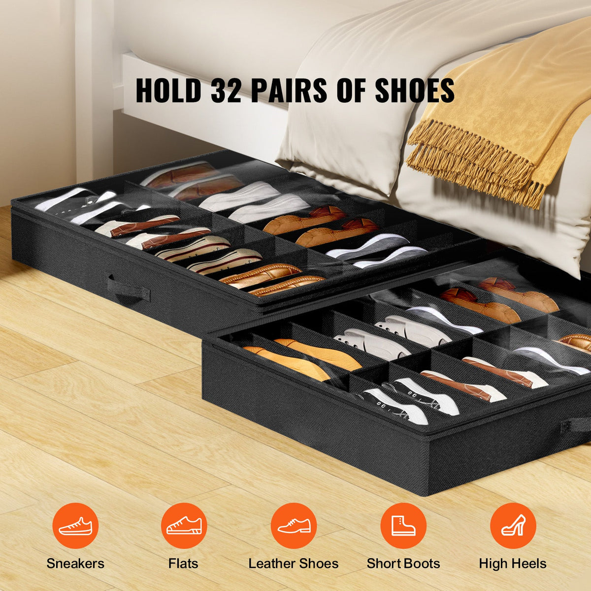 Sturdy Under Bed Shoe Storage Organizer Set of 2 with black fabric compartments holds 32 pairs on Tampa Home & Garden Store