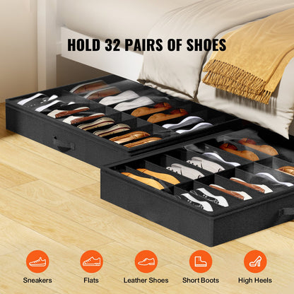 Sturdy Under Bed Shoe Storage Organizer Set of 2 with black fabric compartments holds 32 pairs on Tampa Home & Garden Store
