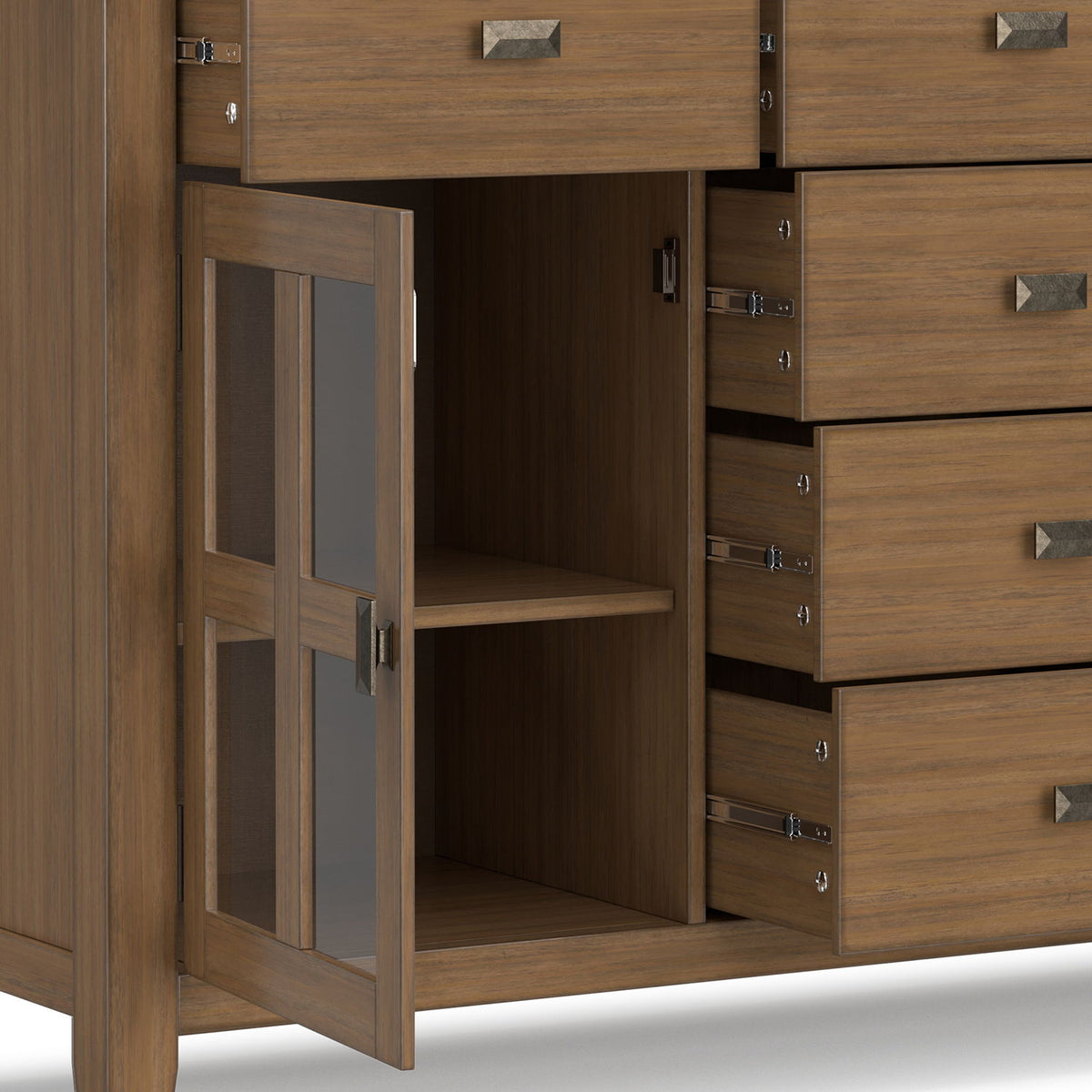 Rustic Brown Sideboard Buffet with tempered glass doors by HouseOfZazla and multiple drawers on Tampa Home & Garden Store