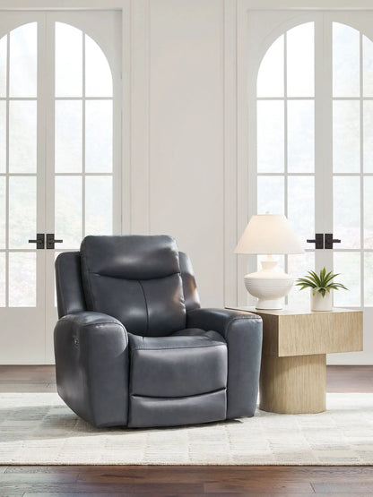 Power recliner with adjustable headrest in dark gray leather on Tampa Home & Garden Store