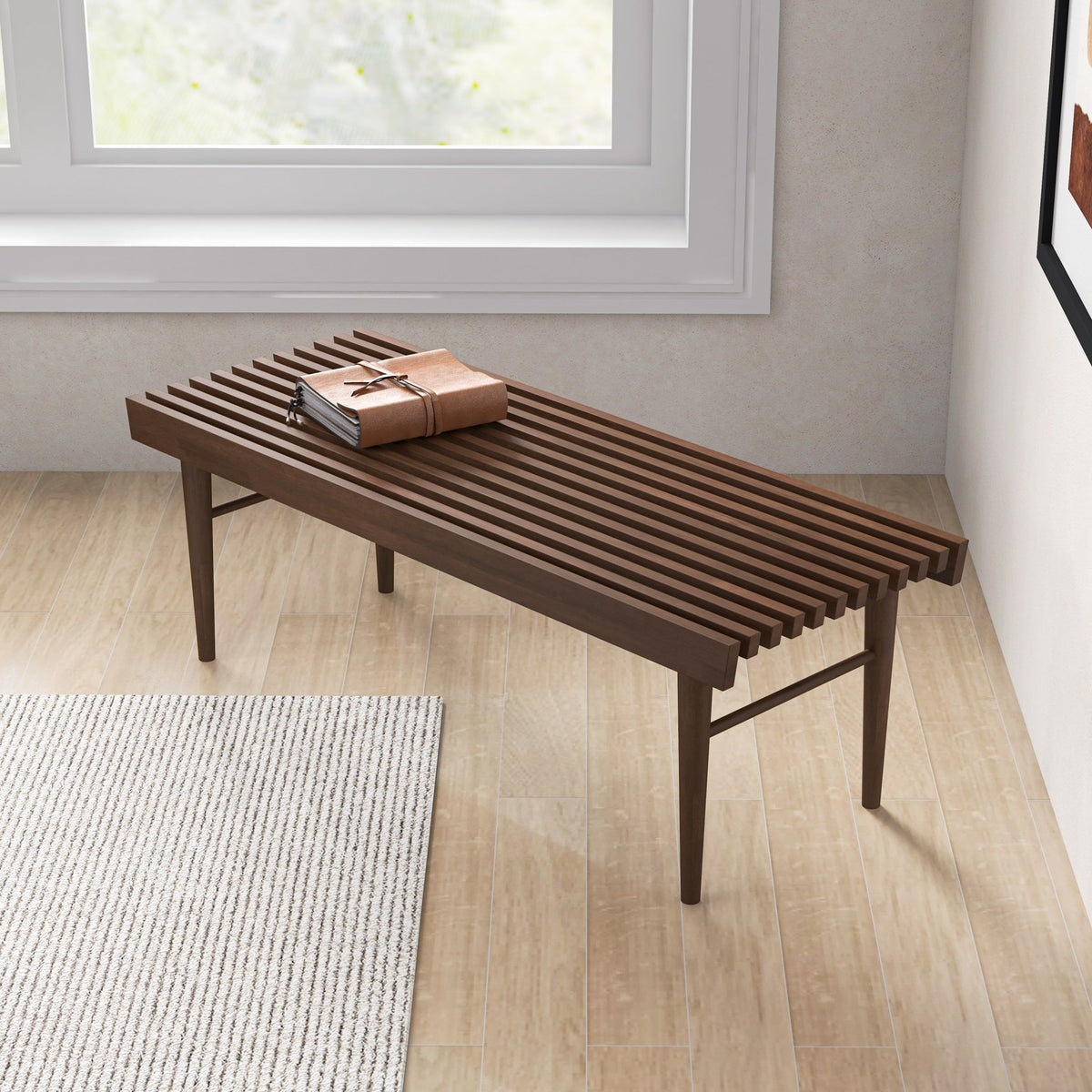 Dark brown Mia accent bench with a solid wood frame and slatted top on Tampa Home & Garden Store