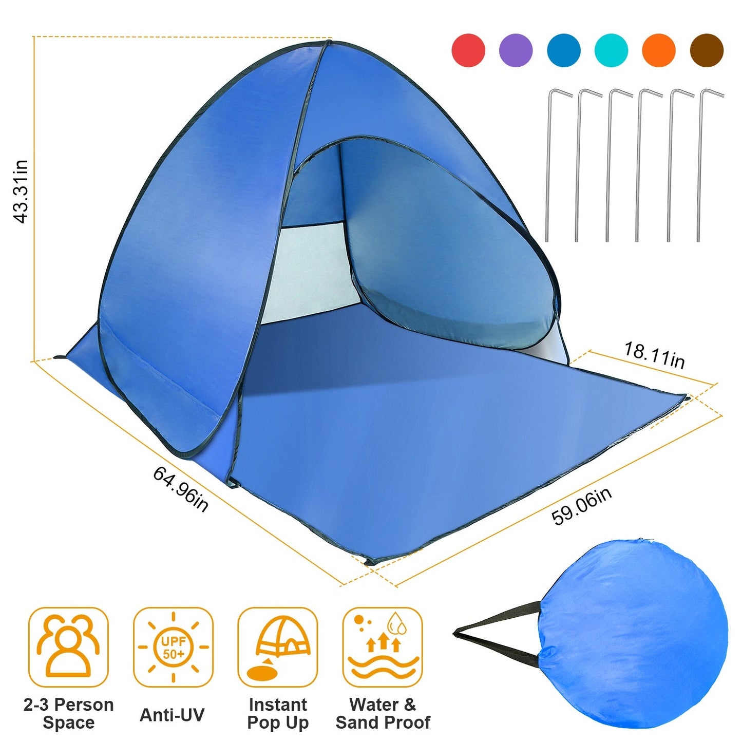GemGear blue pop-up beach tent for 2–3 people; anti-UV waterproof canopy; instant setup on Tampa Home & Garden Store