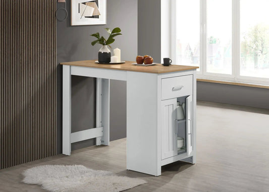 Alonzo counter height dining table with cabinet and drawer storage, white base, wood top on Tampa Home & Garden Store