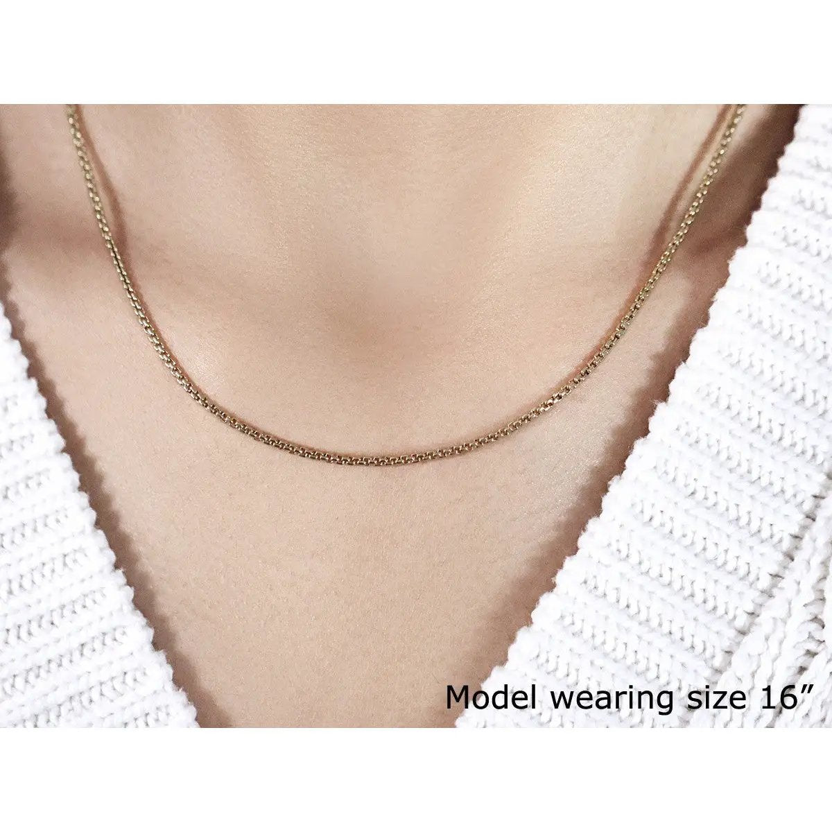 14k yellow gold solid round box chain necklace 1.6 mm on model's neck on Tampa Home & Garden Store