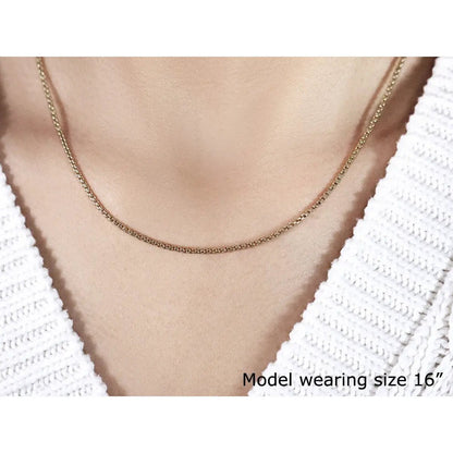 14k yellow gold solid round box chain necklace 1.6 mm on model's neck on Tampa Home & Garden Store