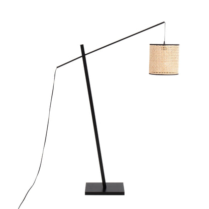 Arturo floor lamp by HouseOfZazla, black metal stand with beige woven drum shade on Tampa Home & Garden Store