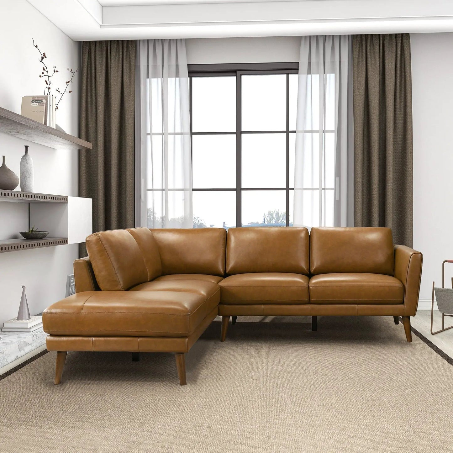 Benson sectional sofa with chaise in tan leather, wood legs, stationary by Unique Piece Furniture on Tampa Home & Garden Store