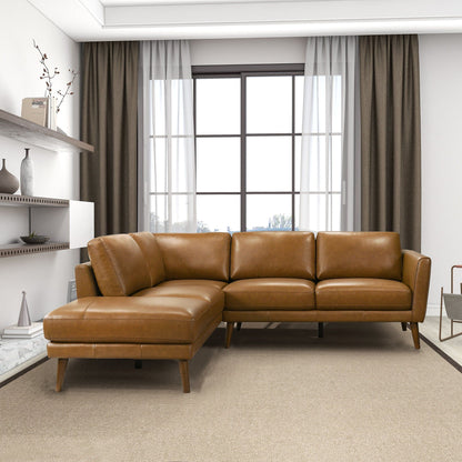 Benson sectional sofa with chaise in caramel tan leather, mid-century legs by HouseOfZazla on Tampa Home & Garden Store
