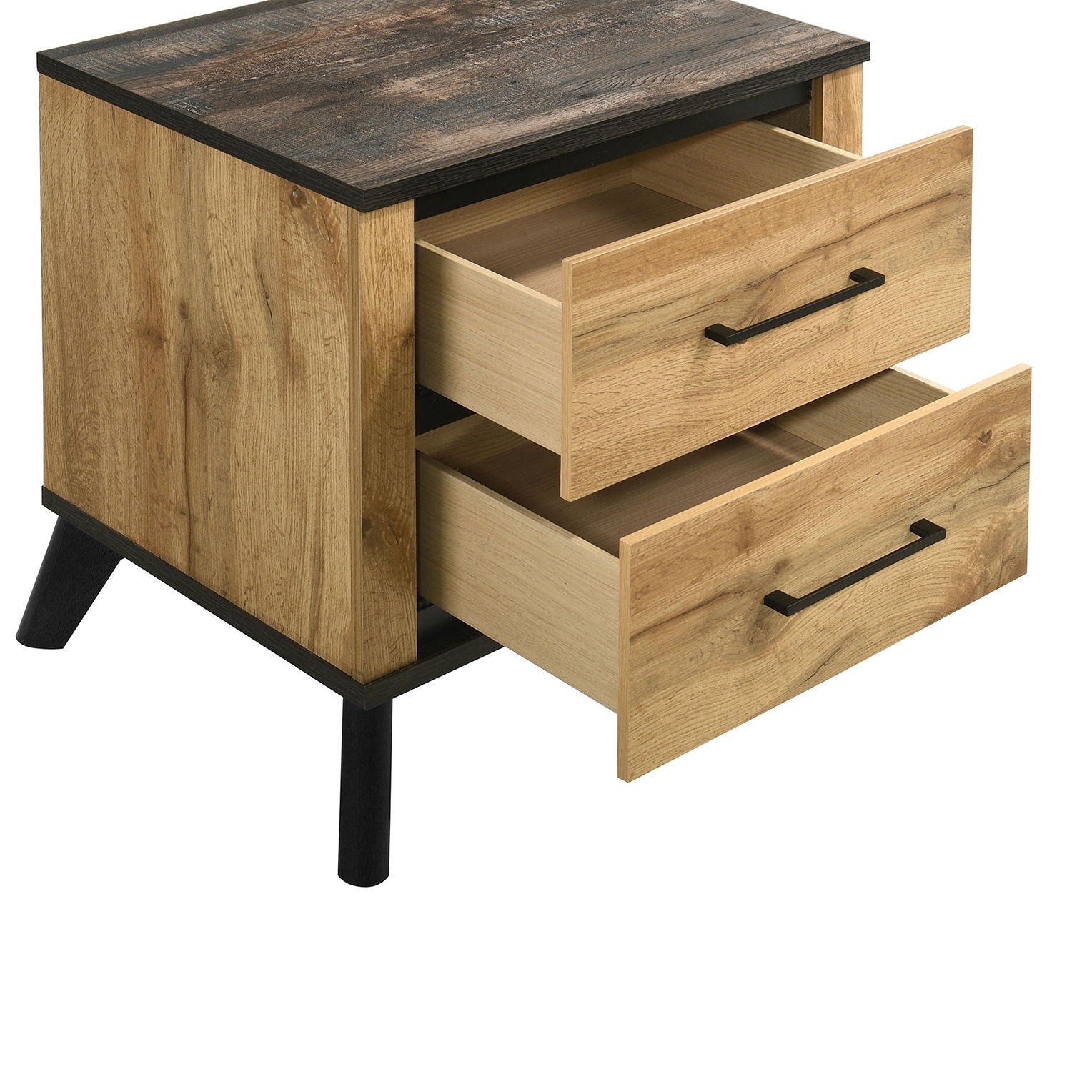 Georgina 2-drawer nightstand natural wood with black top trim and black handles on Tampa Home & Garden Store