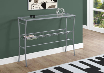 Accent Console Table with glass top and silver metal frame, modern entryway piece on Tampa Home & Garden Store