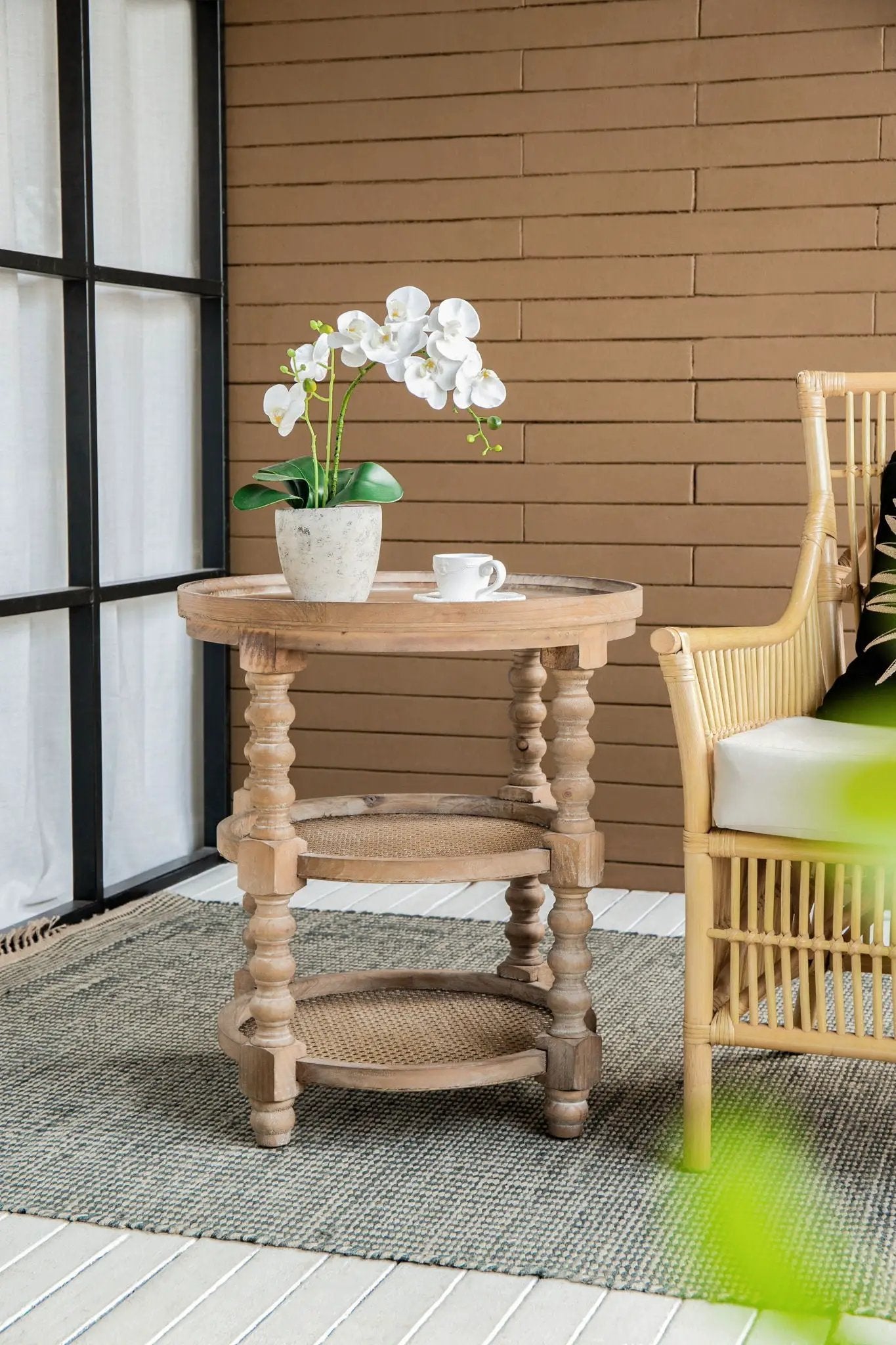 Round 3-tier side table with carved pedestal legs and cane shelves by Unique Piece Furniture on Tampa Home & Garden Store