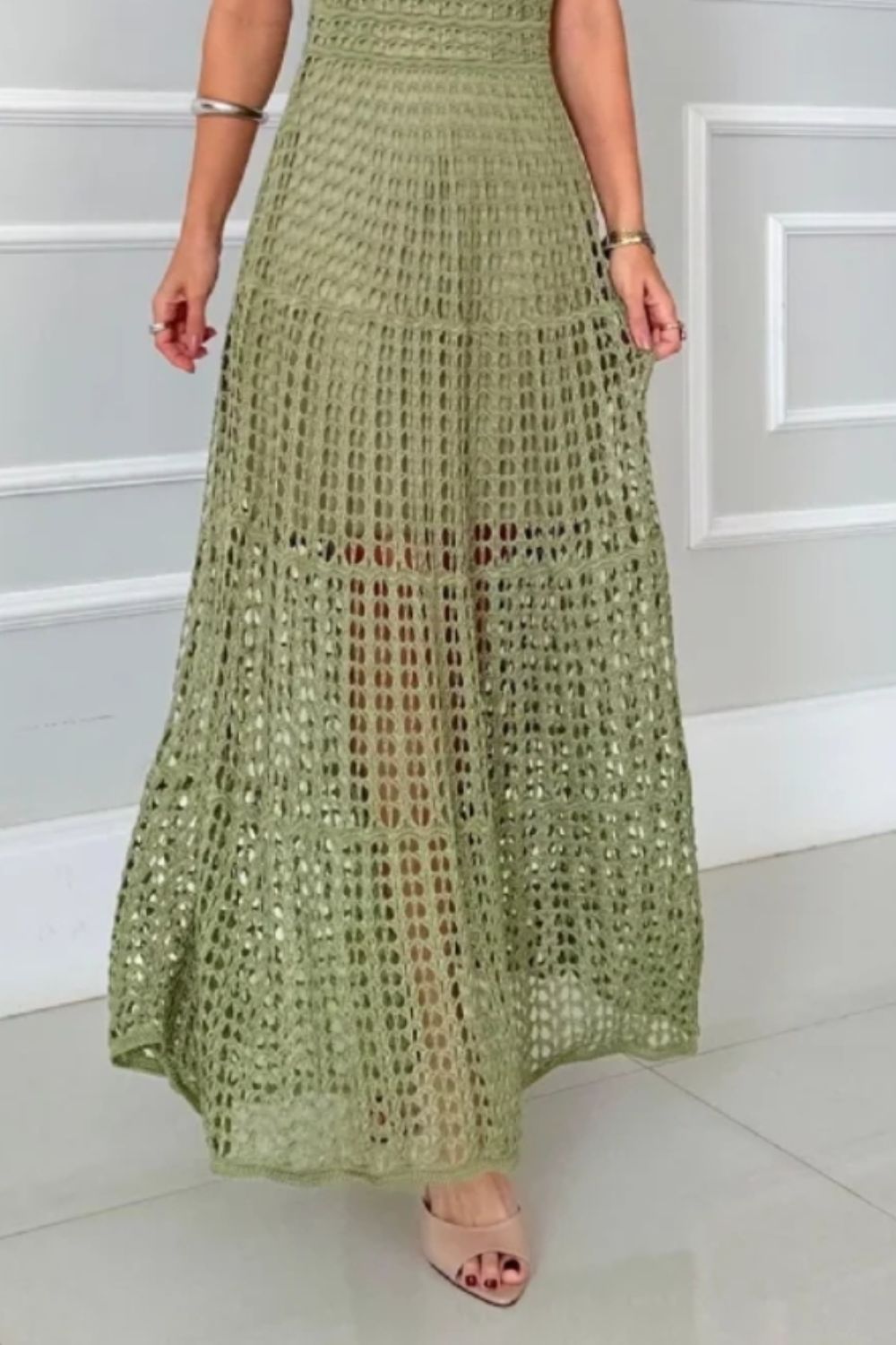Stevvex olive green sleeveless cutout maxi dress with airy lattice crochet for a chic summer look on Tampa Home & Garden Store
