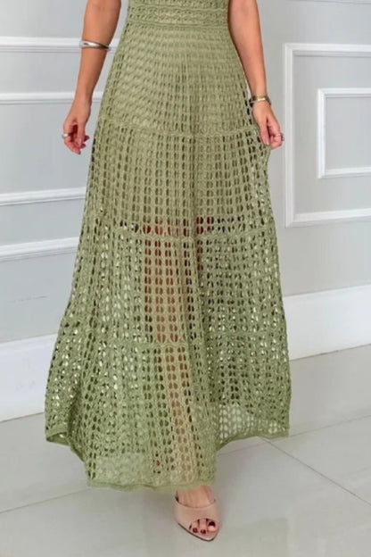 Stevvex olive green sleeveless cutout maxi dress with airy lattice crochet for a chic summer look on Tampa Home & Garden Store