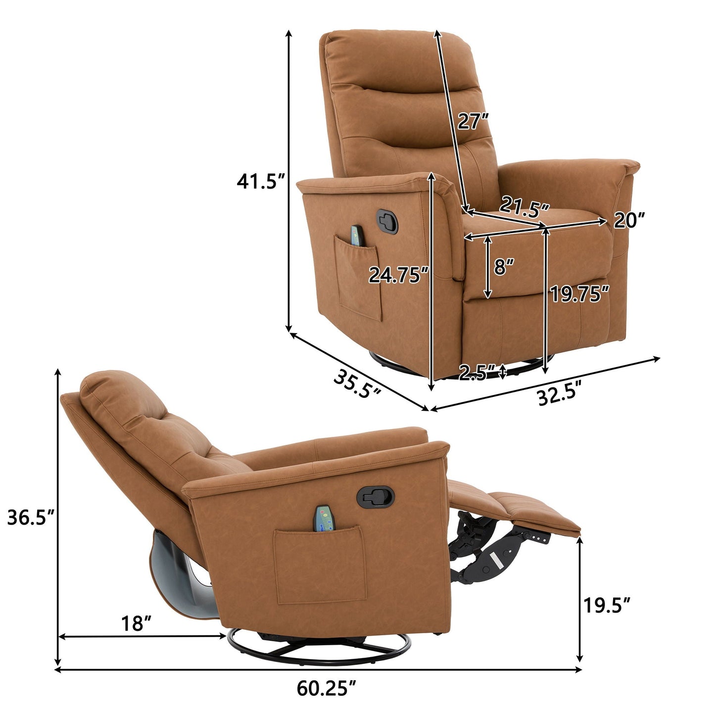 Manual recliner massage chair with 8-point massage and swivel in brown upholstery by HouseOfZazla on Tampa Home & Garden Store
