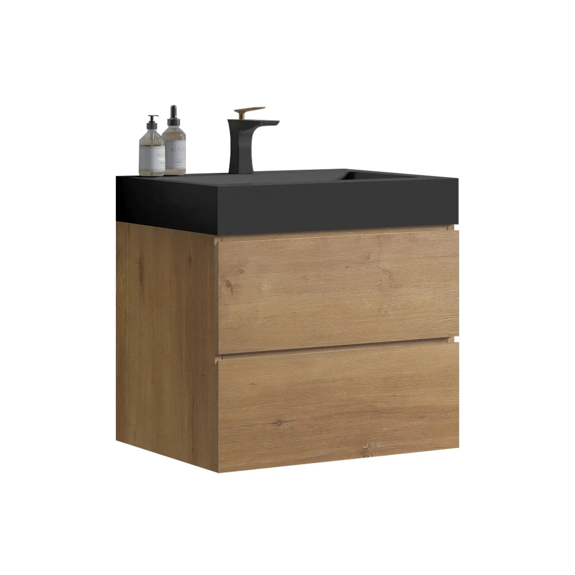 Alice natural oak vanity with sink black countertop and wall-mounted floating design on Tampa Home & Garden Store