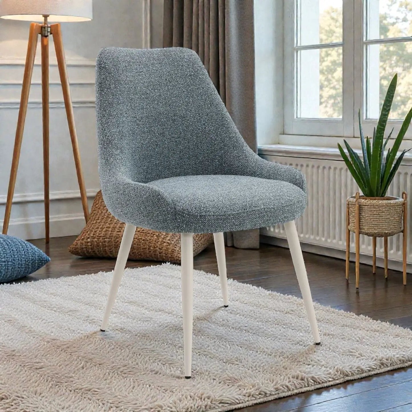 Table Side Chair with Blue Boucle Upholstery