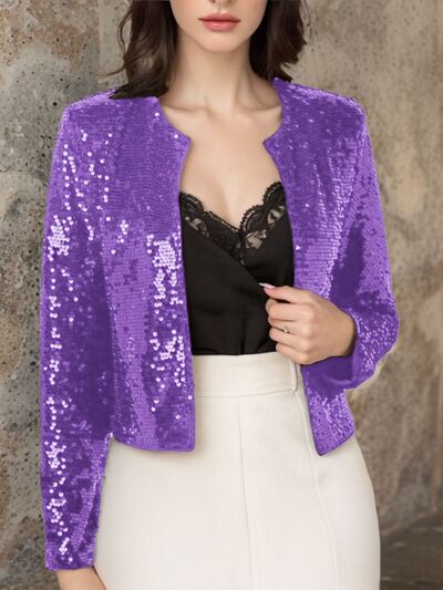 Stevvex purple sequin cropped jacket open-front with glamorous sparkle party-ready on Tampa Home & Garden Store