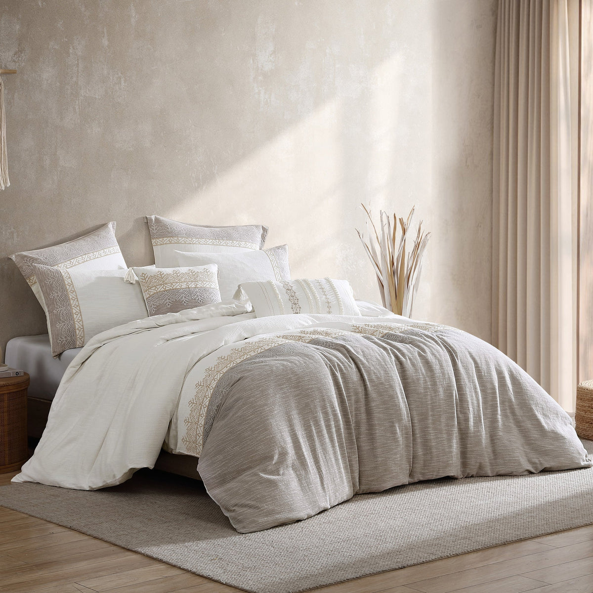 Tan And White Textured Jacquard Comforter Set