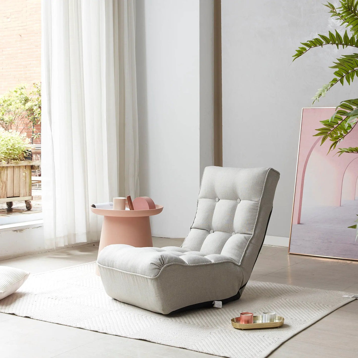 Reclining Japanese chair Lazy Sofa in light gray tufted fabric with adjustable back on Tampa Home & Garden Store