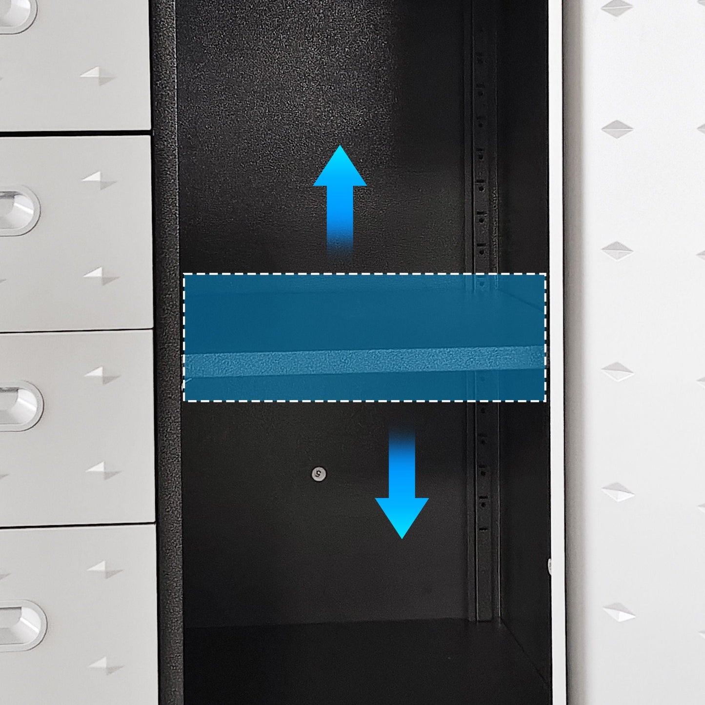 Sturdy metal tool storage cabinet with wheels, black steel frame and blue interior drawer on Tampa Home & Garden Store