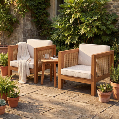 Outdoor club chair set with wicker armrests, beige cushions, wooden frames, 2 chairs on Tampa Home & Garden Store