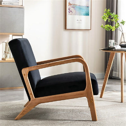 Classic Mid-Century Modern Arm Chair with open wood frame and black cushioning by HouseOfZazla on Tampa Home & Garden Store
