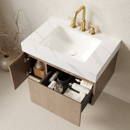 MURI 30in Bathroom Vanity & Sink with Carrara top and gold faucet, floating plywood unit on Tampa Home & Garden Store