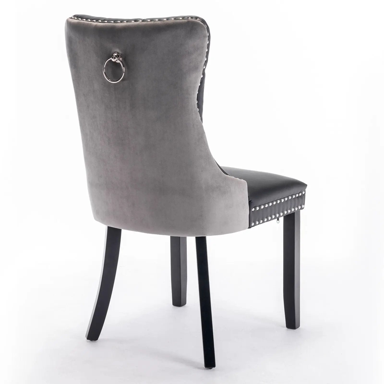Nikki Upholstered Dining Chair gray velvet with nailhead trim and back accent black legs on Tampa Home & Garden Store