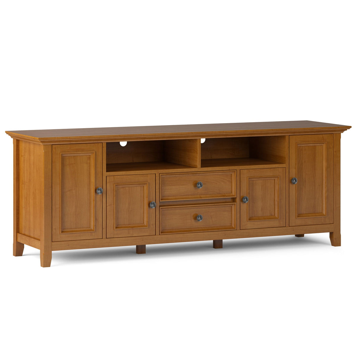 Handcrafted Wide TV Stand HouseOfZazla in honey oak with cabinets, drawers and open shelf on Tampa Home & Garden Store