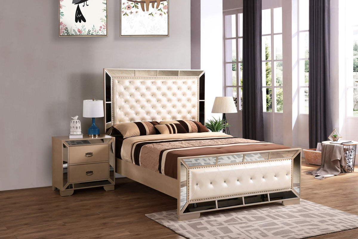 Panel bed with cream tufted headboard and mirrored frame, beige bedding on Tampa Home & Garden Store