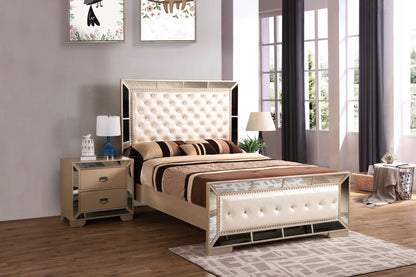 Panel bed with cream tufted headboard and mirrored frame, beige bedding on Tampa Home & Garden Store