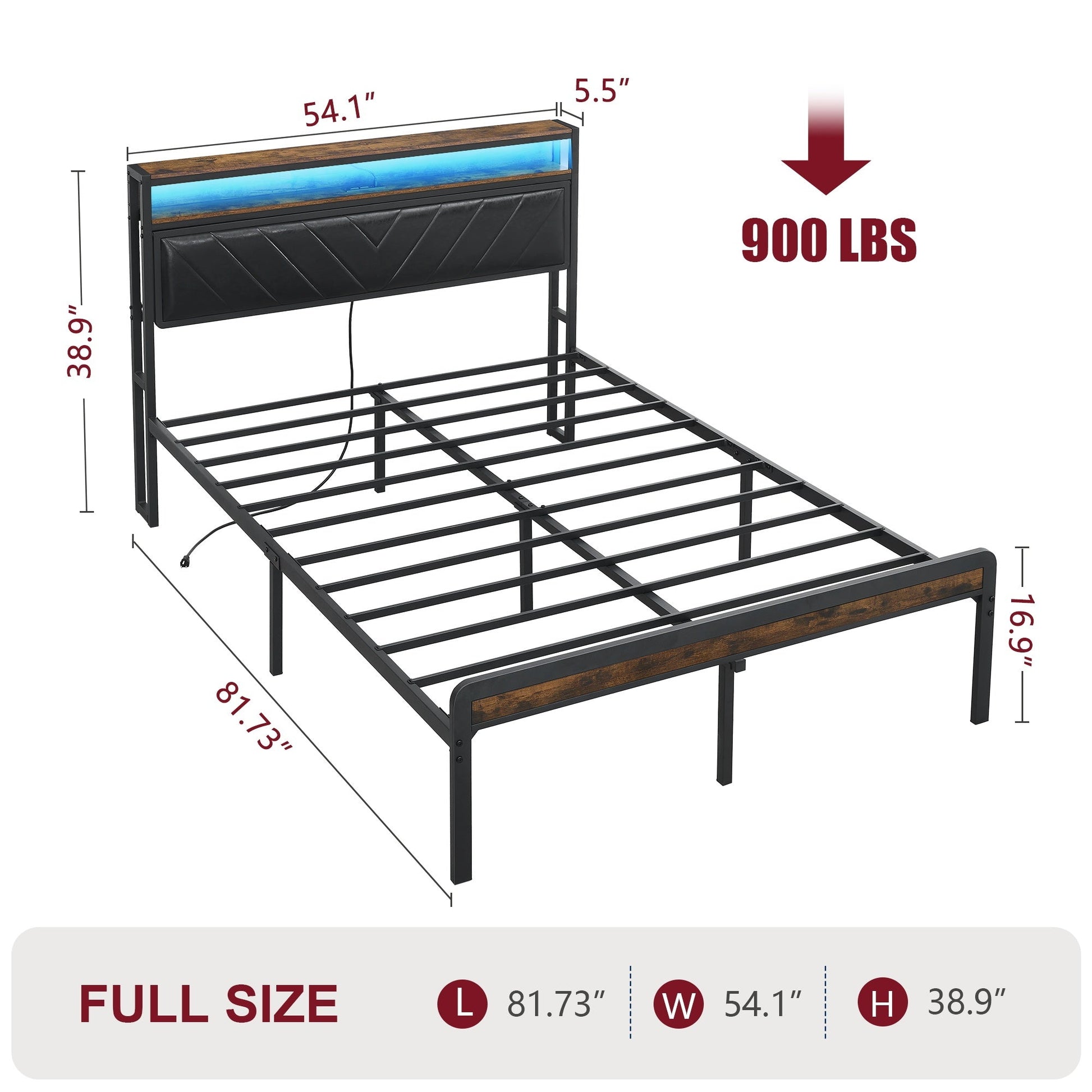 Full size metal platform bed frame with black upholstered headboard and wood trim 900 lbs on Tampa Home & Garden Store