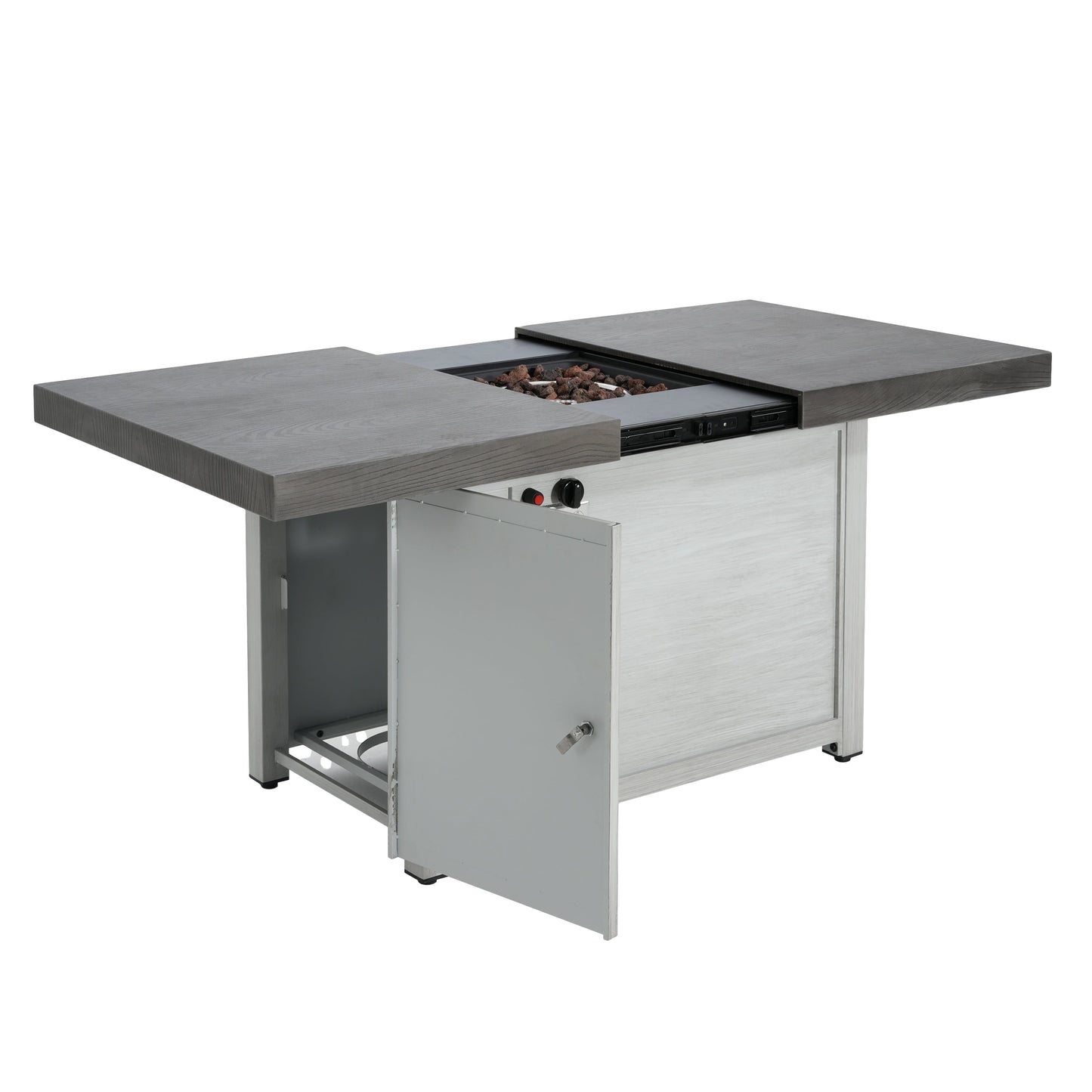 Extendable aluminum fire pit table HouseOfZazla with wood top and lava rocks on stainless base on Tampa Home & Garden Store